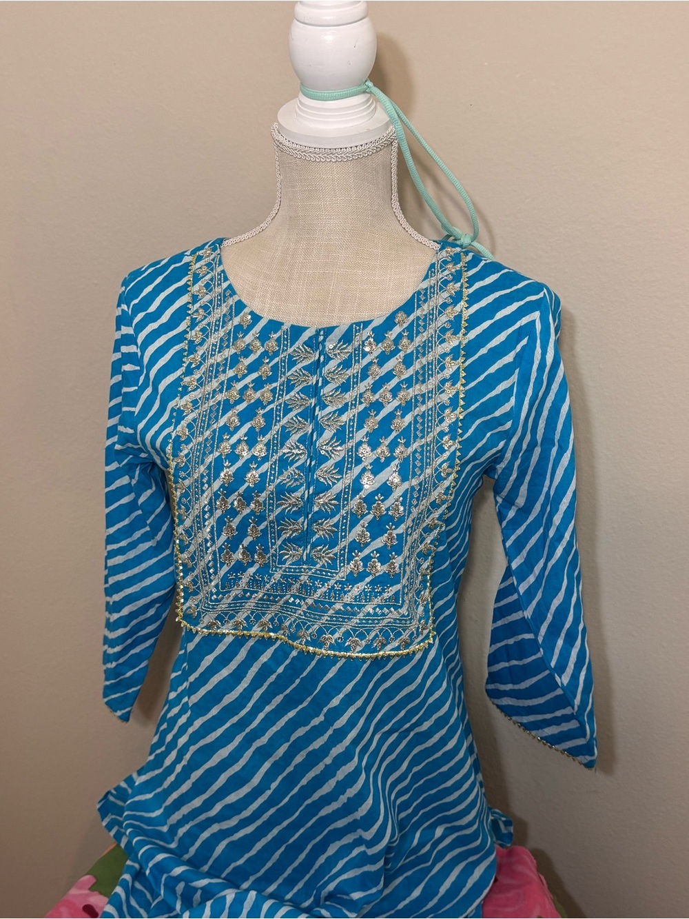 Kurta Kurti Boho Blue White Gold Embroidered Women’s Tunic Top
